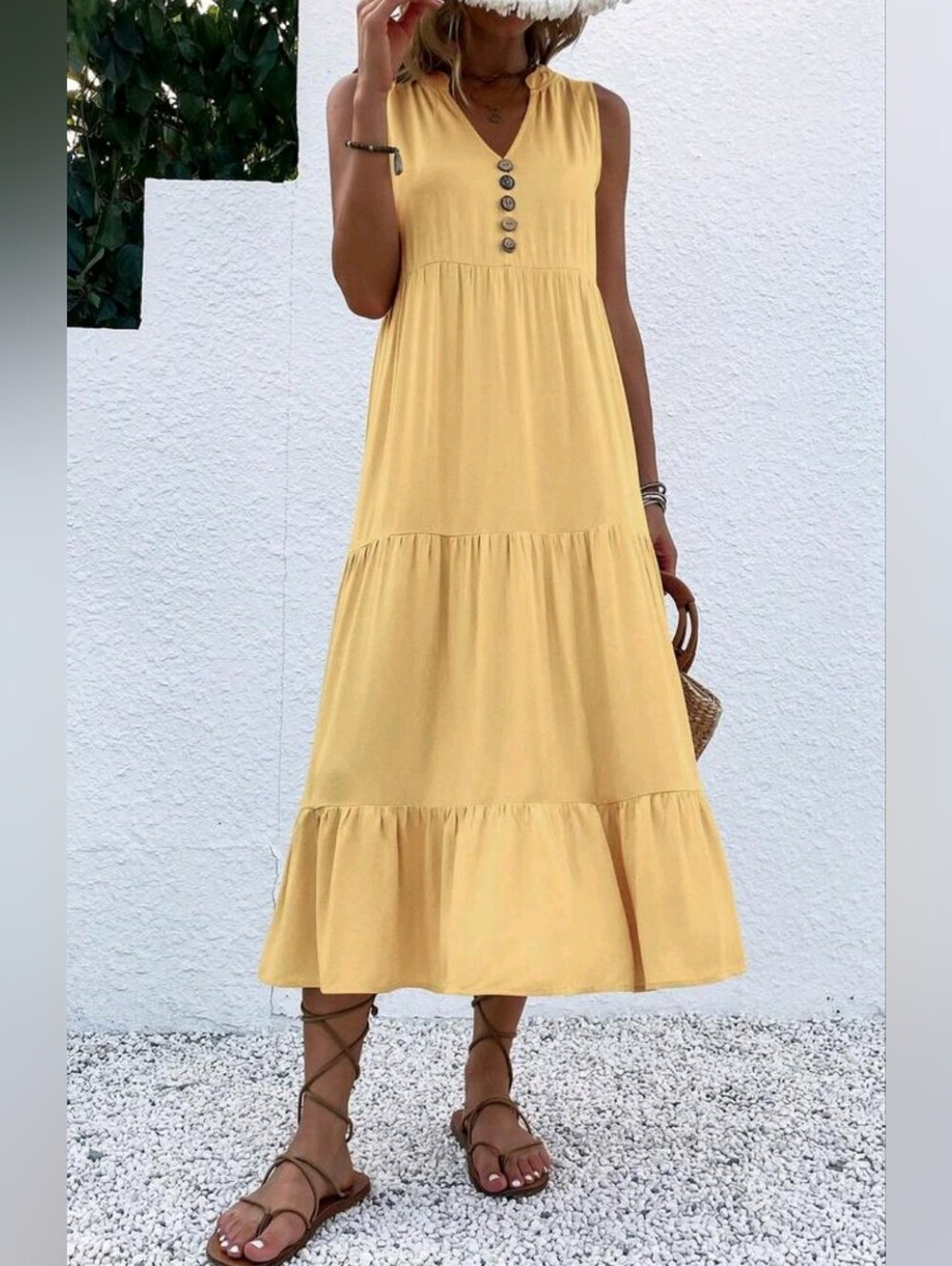 New Flowy Tiered Ruffle Midi Dress Relaxed Sleeveless Yellow